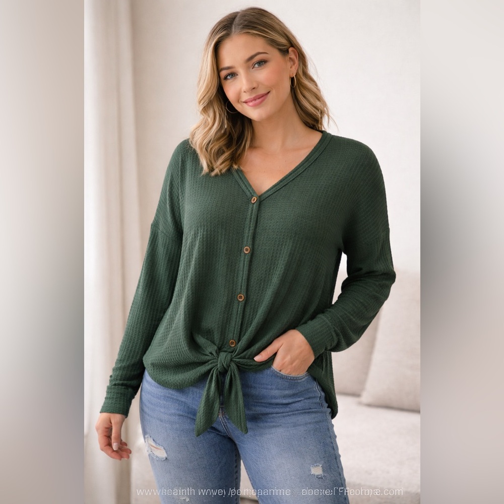 Forest Green Waffle Knit Button Front Top Size L